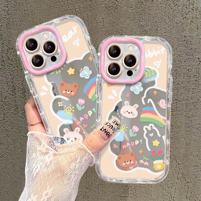 Suitable for Apple 16 Mobile Phone Case Iphone14Promax Cute Graffiti Bear 13 Mirror Anti-Fall 12 Transparent 17