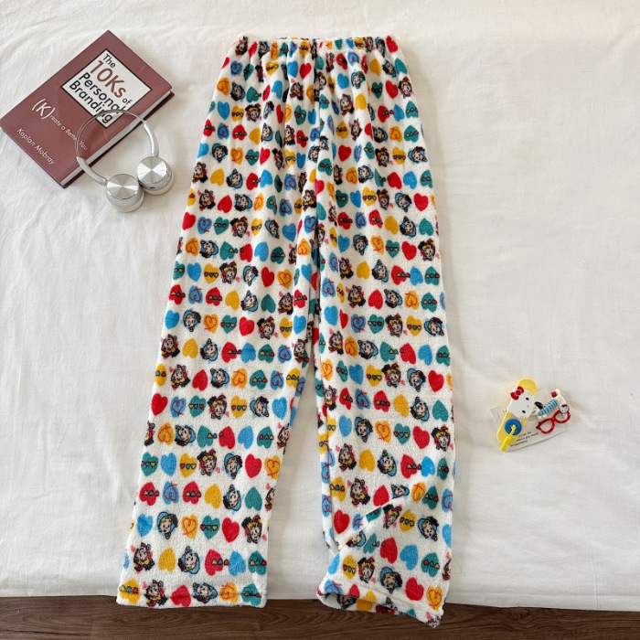 Invierno nuevo pantalones cálidos de franela estilo de caricatura coreano para mujeres más grueso y terciopelo cálido para el hogar pijamas de lana se pueden usar fuera