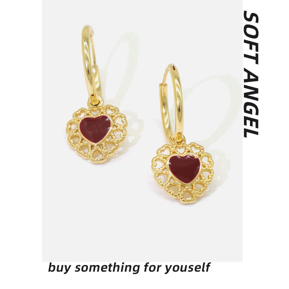 European And American Niche Valentine's Day Enamel Indian Gold Series Earrings Sweet Hollow Love Enamel Light Luxury Temperament Earrings