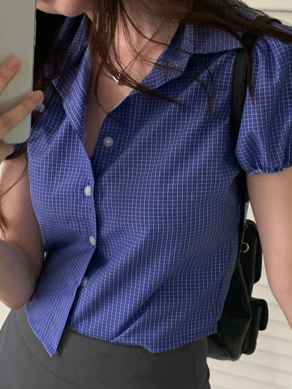 欧美甜美清新风BM格子排口衬衫复古感蓝色翻领修身显瘦短袖上衣|undefined