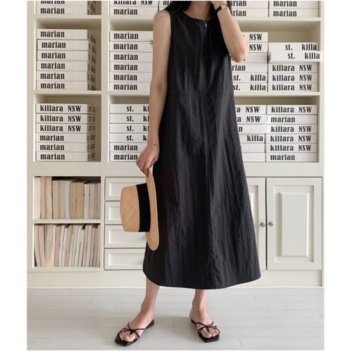 Korean chic retro round neck bright line backless design loose long vest cotton linen dress for women
