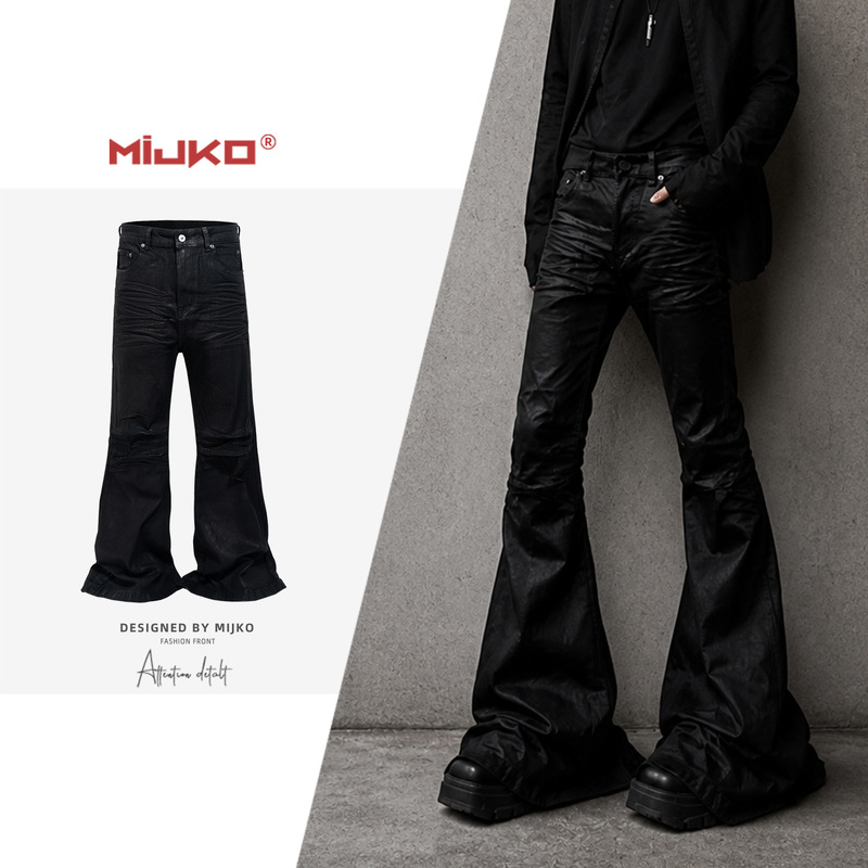 MIJKO Men's Wear Women's Black Coated Trousers Unisex Crease Textured Wide Feet Micro-BootCut Jeans MIJKO Men's Wear Women's Black Coated Trousers Unisex Crease Textured Wide Feet Micro-BootCut Jeans