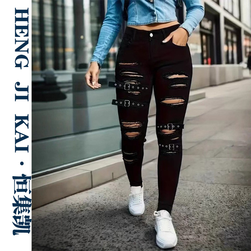 Cross-Border, Ripped Hole Fashion Skinny Jeans, Ripped Belt Buckle Slim Fit Stretch Skinny Pants