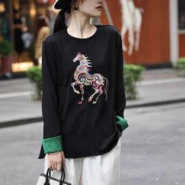 秋冬新款人丝棉混纺上衣复古新中式彩色立体唐马刺绣撞色袖口小衫