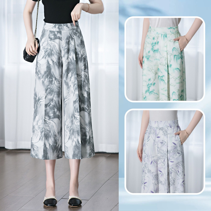 9275 Eight Points Cotton and Linen Culottes Flower Pants National Style Casual Draping Middle-aged Women's Pants Cool Loose Wide Leg Pants Summer 9275 Eight Points Cotton and Linen Culottes Flower Pants National Style Casual Draping Middle-aged Women's Pants Cool Loose Wide Leg Pants Summer