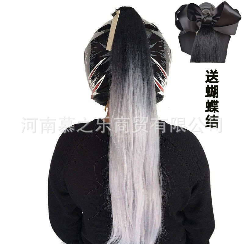 Motuoche Helmet Ponytail with Bow DIY Helmet Braids Motorcycle Electric Vehicle Decoration (Auto Parts and Accessories) - black-gray-ponytail-with-bow