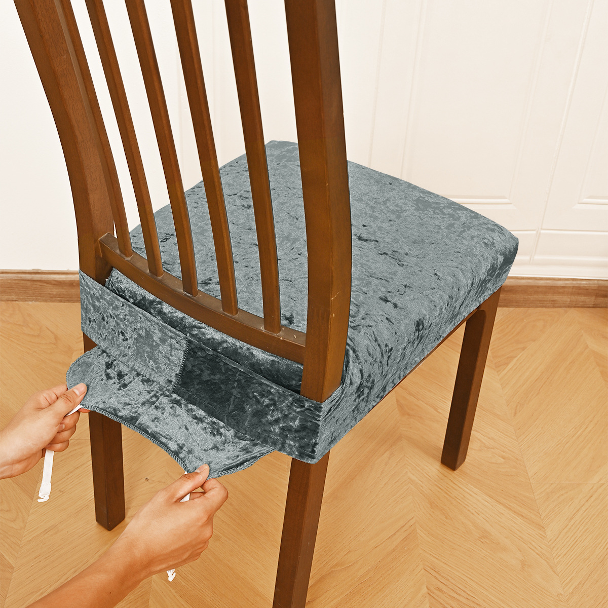 Amazon elástico oro veludo doble taburete elástico cubierta con lengua de hebilla cubierta de cojín de silla antideslizante cubierta de comedor de hotel