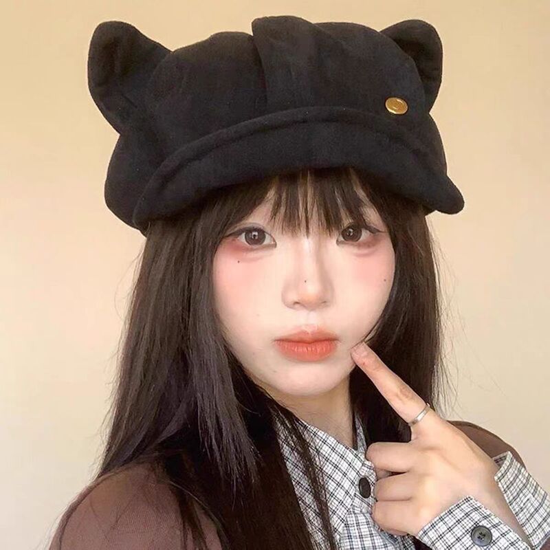 复古麂皮绒猫耳朵贝雷帽子女秋冬季显脸小八角帽休闲百搭画家帽潮|undefined