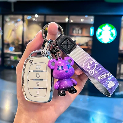 car interior protective shell – Car key bag - modern-r-model-smart-4-button-start-single-shell-white-purple-violent-bear-pendant
