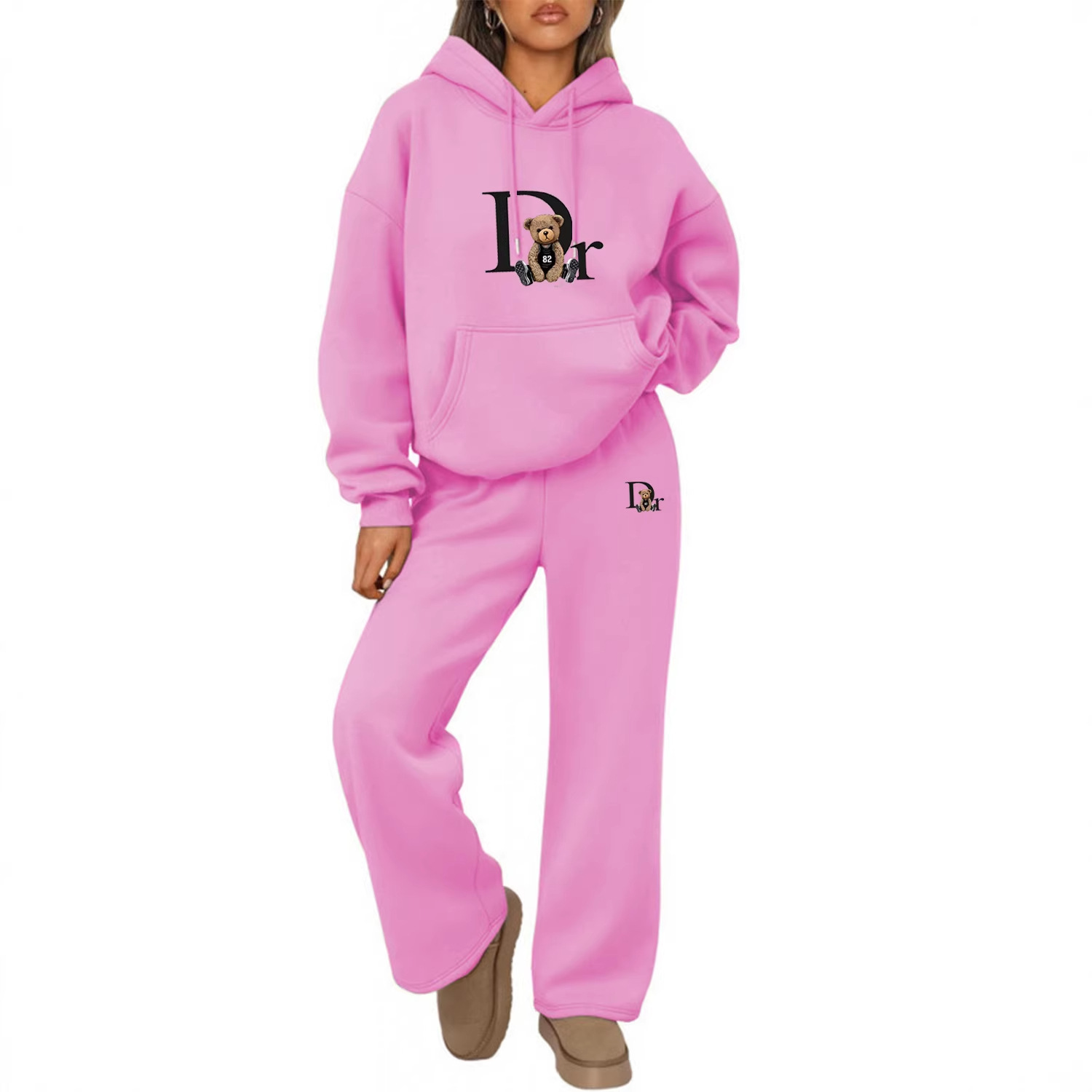 Conjunto de sudadera con capucha y pantalones de pierna ancha y rectos, con estampado de letras, de otoño e invierno, de comercio electrónico transfronterizo_voghion.com