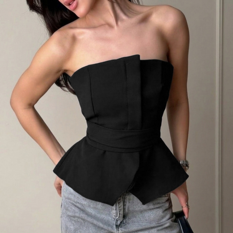 2026 Summer European and American Cross-Border Slim-Fit Tie-Waist Tube Top Ins-Style Fashion Slit Tank Top Women's Clothing