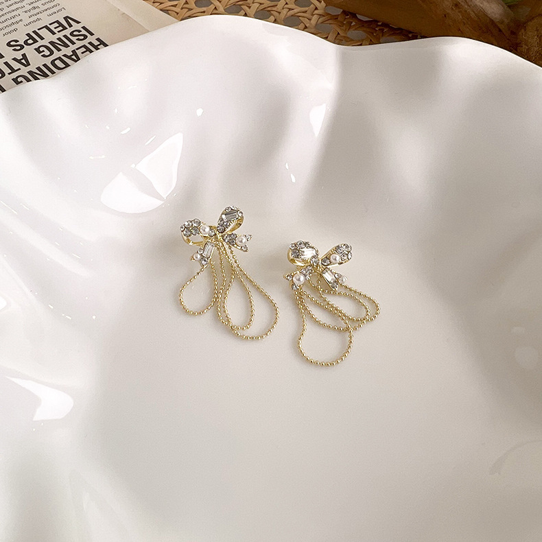 Fashion Rhinestone Bow Tassel Drop Earrings Wholesale display picture 5