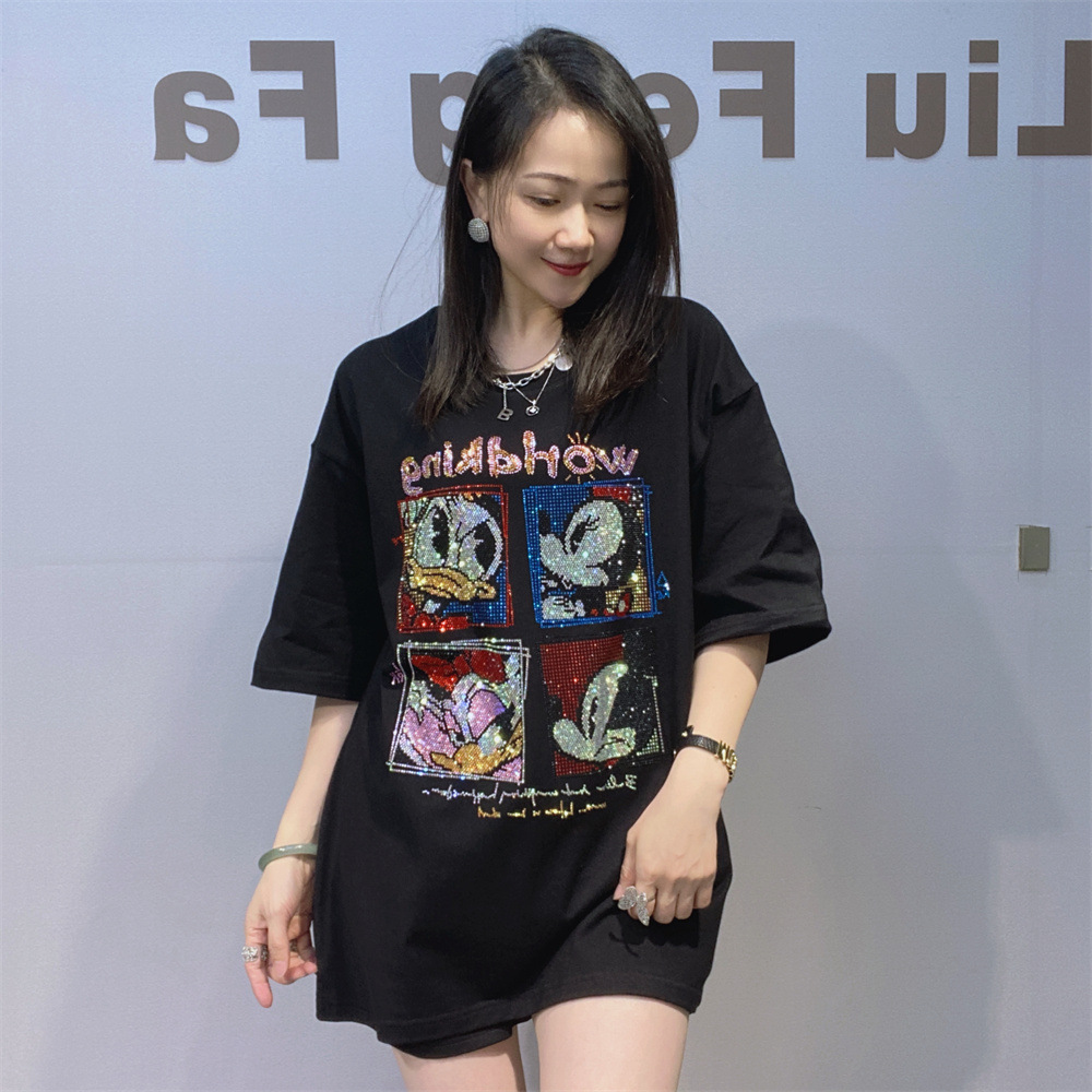 Camiseta de algodón de mujer europea y americana de mangas cortas de verano industria pesada caliente de diamantes para hombres y mujeres camiseta negra media camiseta gran estilo de viento lento