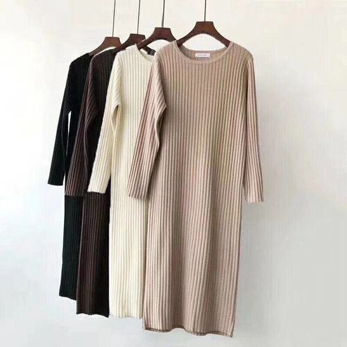 Thickened Warm Winter Long-Sleeve Crew Neck Knit Dress New Medium-Length Base Crew Neck Straight Leg Knee-Length