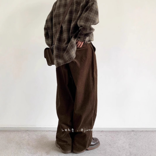 Autumn and Spring Japanese Retro Corduroy Drop Waist Casual Pants for Men Loose Trendy Wide Leg Work Pants