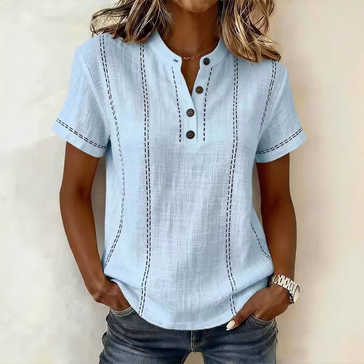 Transfronterizo 2026 estación independiente Amazon verano relajado casual explosión impresa botón de cuello de pie camisa de mujer de manga corta