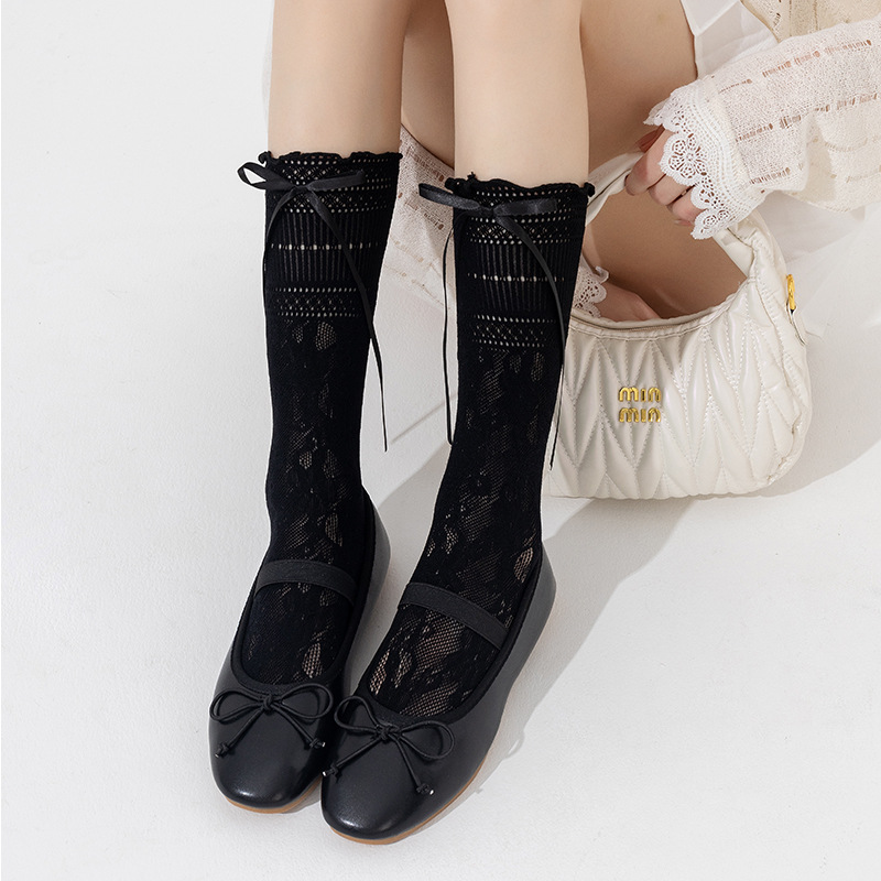 Botas Calcetines de tubo fino de verano de algodón cómodo y transpirable encaje hueco blanco y negro lazo estilo ballet calcetines de pila