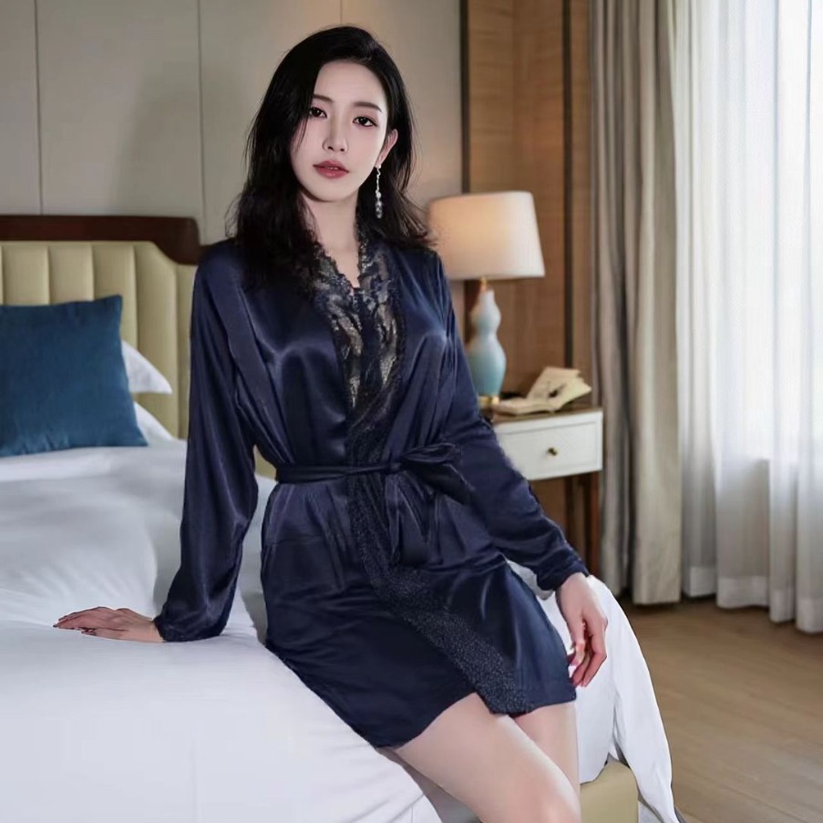 Xiruyu Summer High-End Satin Ice-Feel Nightgown Bathrobe Long Nightgown Seductive Sexy Victoria's Secret Women's Summer Loungewear