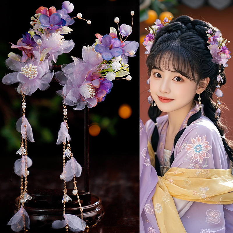 烫花绢纱珍珠紫色汉服头饰头花女国风发夹长流苏古风旗袍侧边对夹