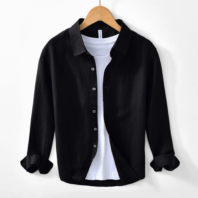 L158 базовый Volkswagen сплошной цвет льняной рубашки с длинными рукавами ретро свободная повседневная рубашка с отворотом