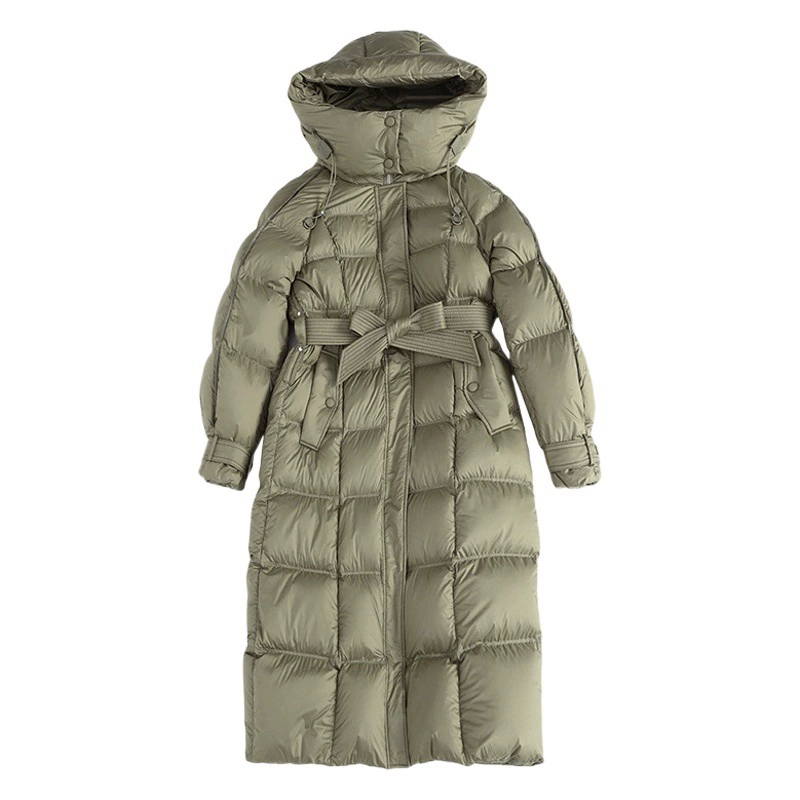 Европейская новинка 2025 года: зимний длинный пуховик для женщин, элегантный, с капюшоном на завязках, приталенный, с наполнителем из белого утиного пуха.