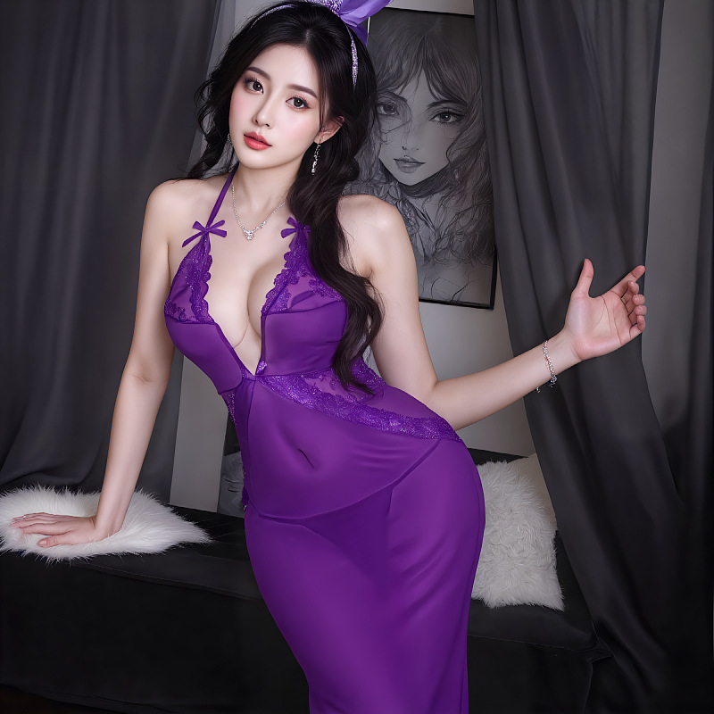 새로운 섹시한 속옷, 순수한 욕망 롱 스커트, 로우 컷 유혹 시스루 잠옷, 여성용 메쉬 서스펜더 잠옷