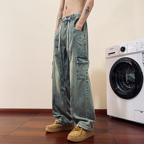 Vintage Yellow Clay Dye Drawstring Workwear Jeans for Men - Design-Focused, Elastic Waist, Loose Fit, Straight Leg, Casual Pants