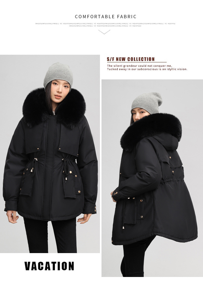 Chaqueta de algodón entallada mujer con capucha y pelo invierno_voghion.com