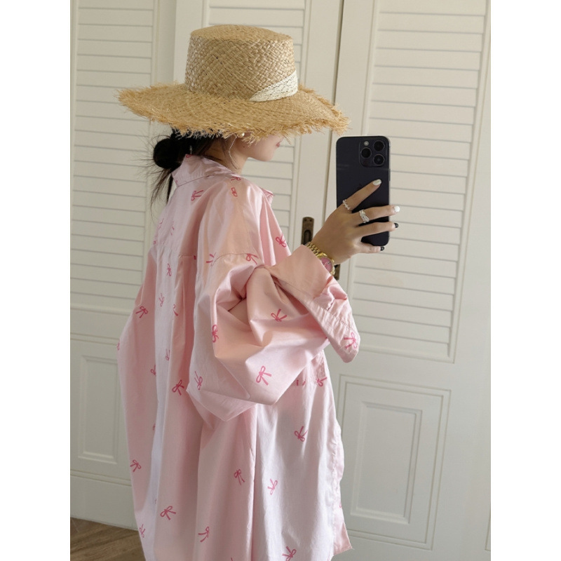 Pink Bow Print Shirt Women's 2025 Spring and Summer Casual Long-sleeved Sunscreen Thin Coat Trendy Top