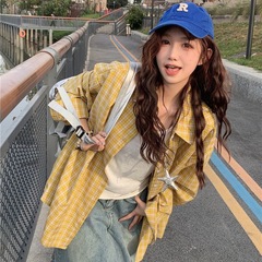 复古黄色格子长袖衬衫外套女夏季慵懒风宽松开衫polo领口格纹衬衣