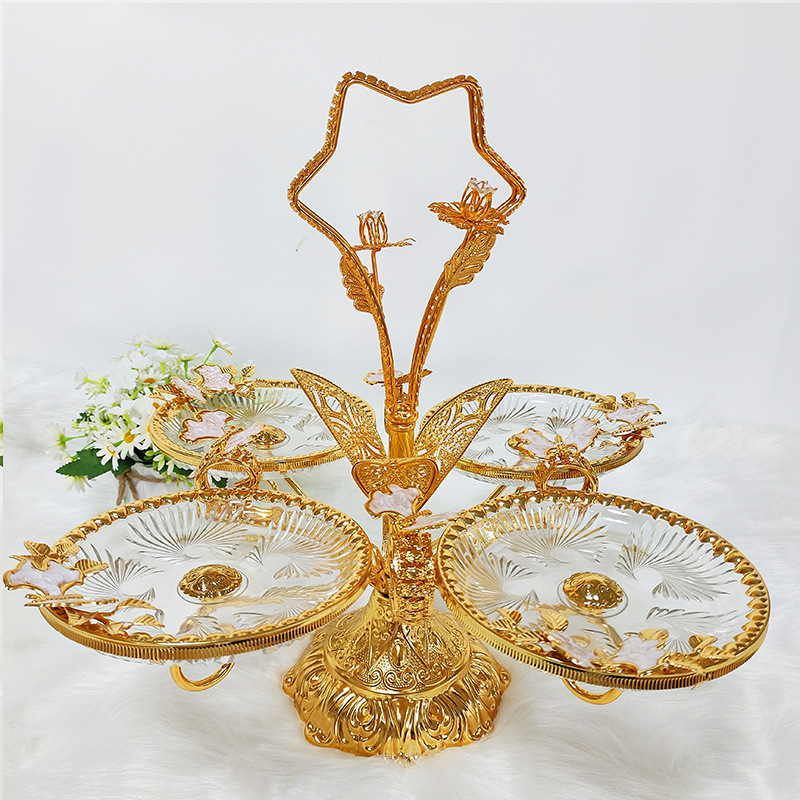 네 머리 회전 나비 꽃 유리 과일 접시