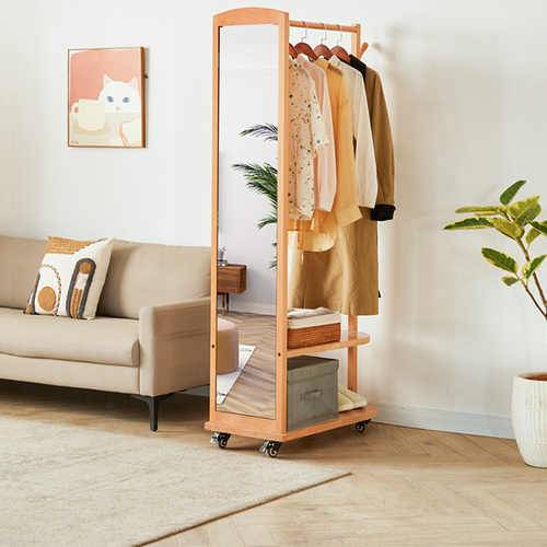 G3YN Solid Wood Hat Rack Floor Bed with Mirror Integrated Hanging Rack Living Room Simple Clothes Drying Stand Indoor