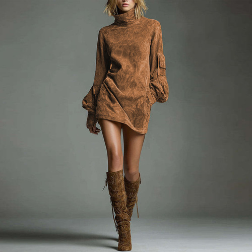 Autumn new style European and American style deerskin velvet fashionable high-necked women's long-sleeved dress
