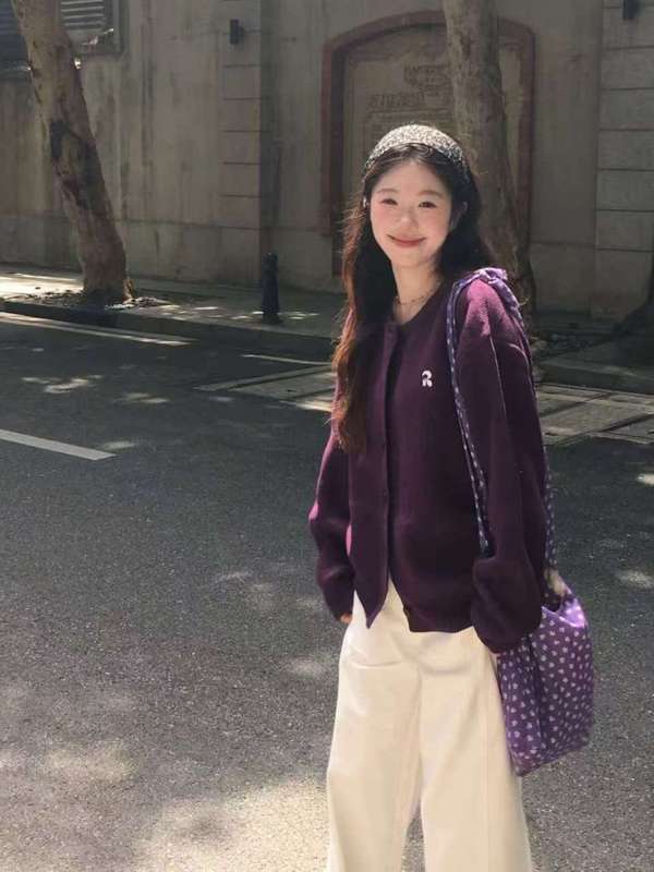 韩系慵懒风超显白紫色毛衣开衫外套女秋季休闲宽松针织开衫上衣冬|undefined
