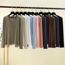 莫代尔椭圆领长袖打底衫春秋季薄款时尚T恤修身洋气内搭秋衣女上
