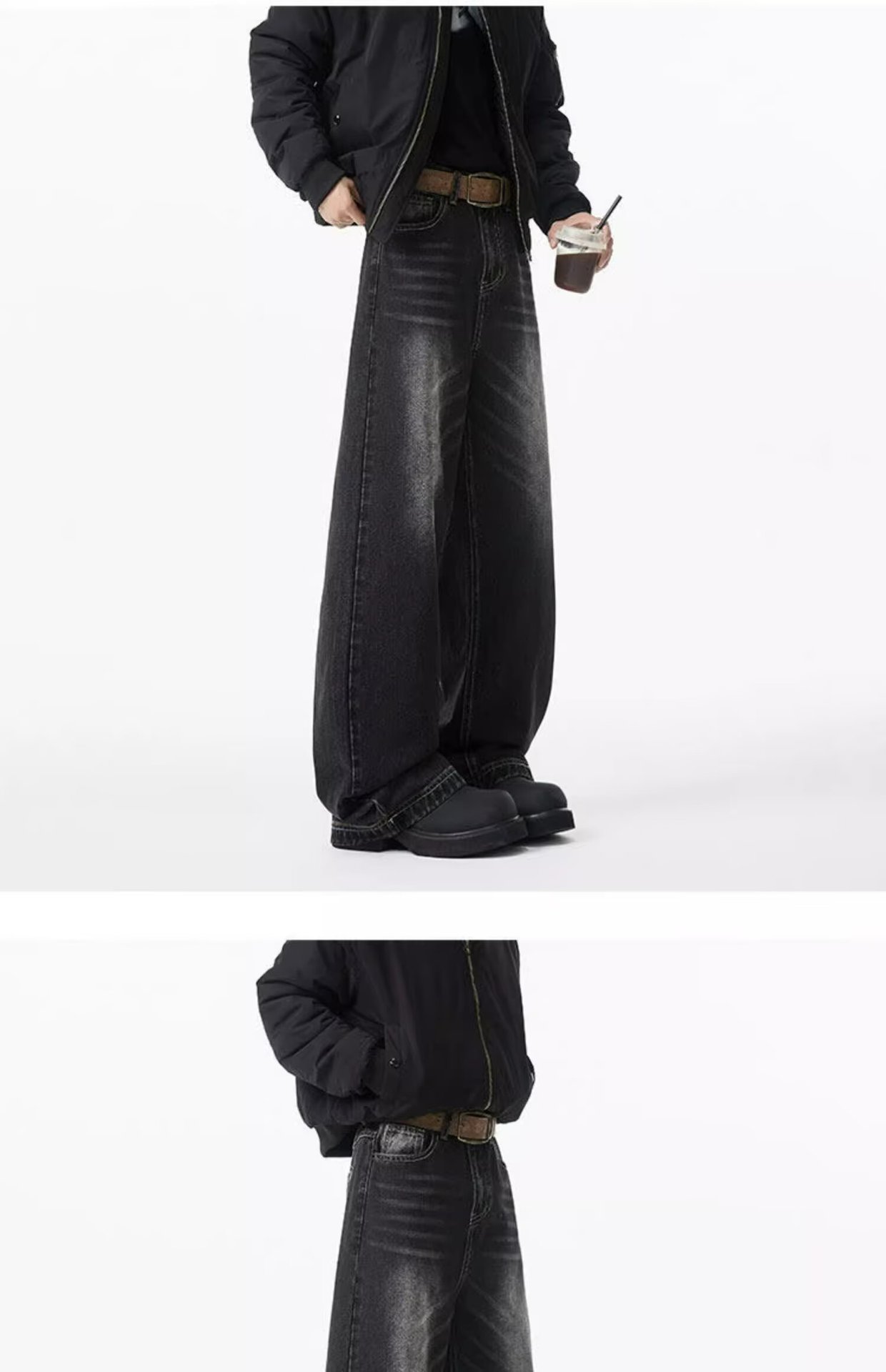 Men's Vintage Washed Denim Jeans Slightly Flared Wide-Leg Cat Whisker Detailing High-Street Style Cleanfit Black Blue (S-3XL)_mkmklike.com