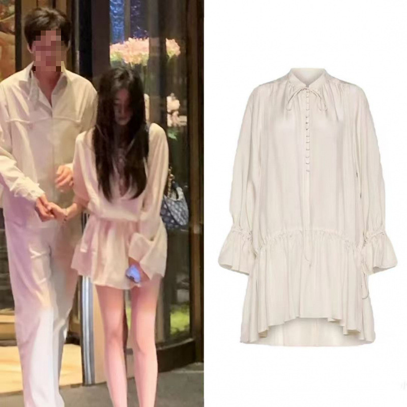 Half-cooked Lover Xu Luyangliu's same style long-sleeved beige stand-collar tie-neck shirt dress with bell sleeves and slimming effect Half-cooked Lover Xu Luyangliu's same style long-sleeved beige stand-collar tie-neck shirt dress with bell sleeves and slimming effect