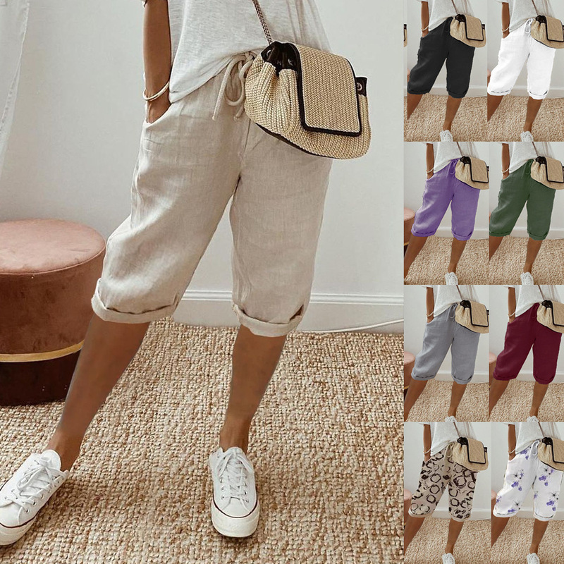 2023 European and American Cross-Border Amazon Independent Station Women's Cotton and Linen Pocket Elastic Casual Pants Women's Pants Five-Point Pants Khaki