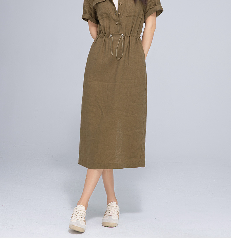 Đầm maxi nữ linen dáng rộng eo rút dây, thiết kế cắt may 3D — màu ô liu xanh chi tiết 7