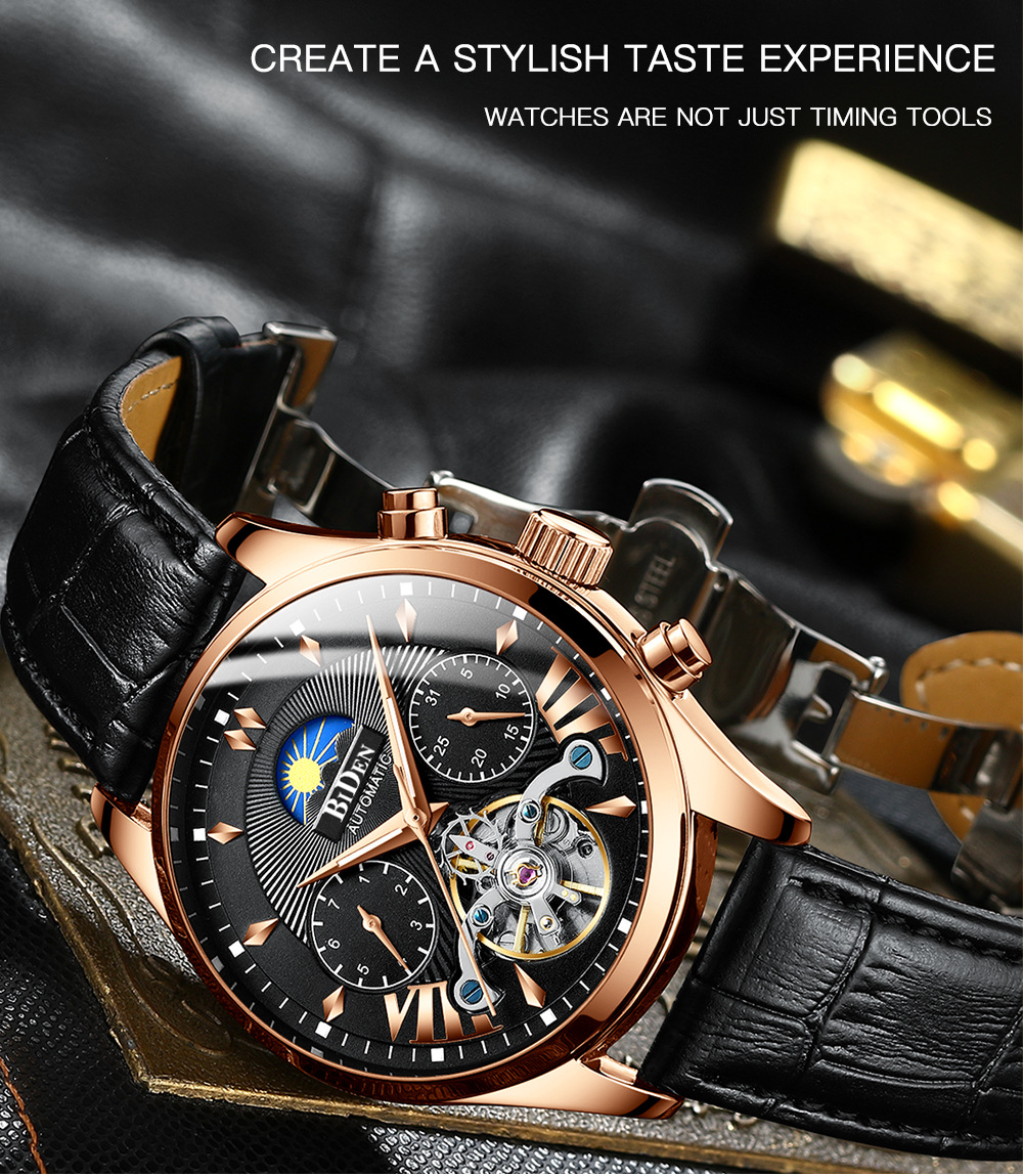 Biden Men's Mechanical Watch Multifunctional Sun Moon Star Luminous_voghion.com