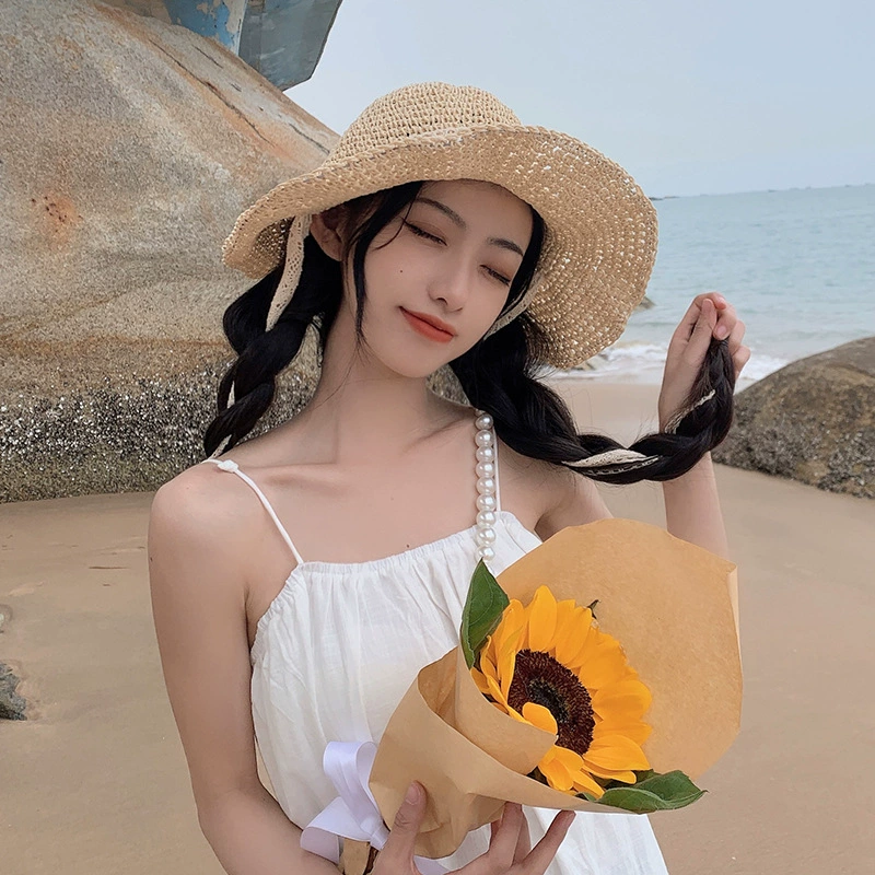 Beach straw sun hat for photo sessions solar-powered, for teenagers, french style, sun protection, beach style