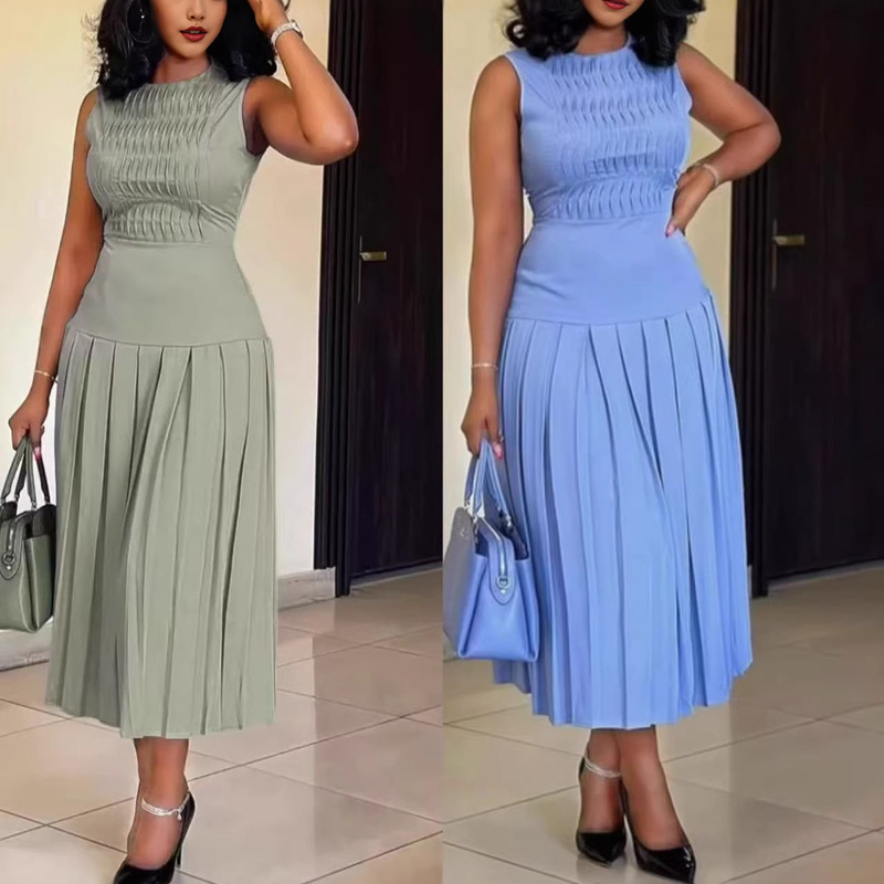 Cross-Border 2026 European and American Summer New Fashion Sleeveless High-Waist Pleated Slim-Fit Solid Color Long Dress for Women Cross-Border 2026 European and American Summer New Fashion Sleeveless High-Waist Pleated Slim-Fit Solid Color Long Dress for Women