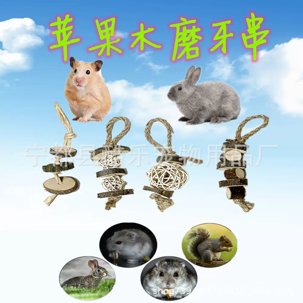 厂家直销仓鼠龙猫兔子鹦鹉啃咬玩具 天然苹果木咬串磨牙洁牙玩具