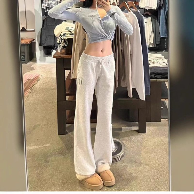 Little Seagull 2024 Autumn and Winter New Arrival Bow Embroidery Grey All-match Fleece Straight Trousers Casual Trousers Women