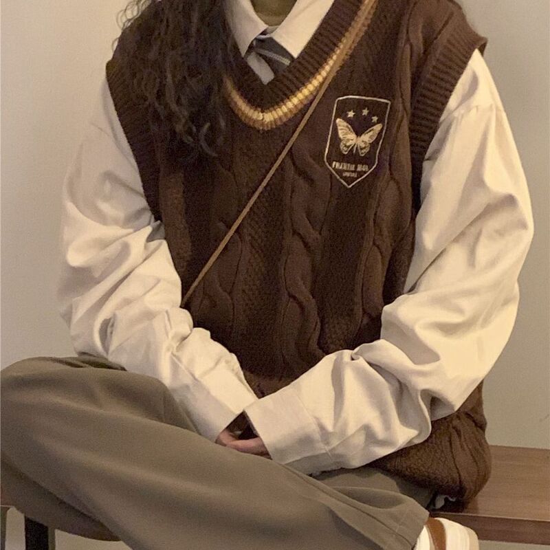 Autumn and winter New stacked knitted vest women's loose sweater women's preppy style outer wear stacked School sense top coat