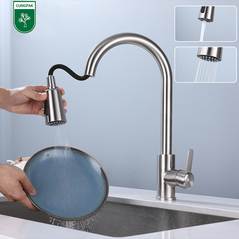 304 Stainless Steel High-Quality Kitchen Pull-Out Faucet, Hot and Cold Brushed Sink Faucet