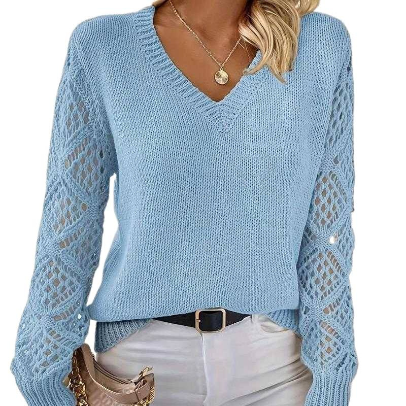 Primavera y otoño abrigo agujero jersey de punto suéter de mujer hookah de manga larga gancho flor Jacquard suelto V-collar bottom top transfronterizo