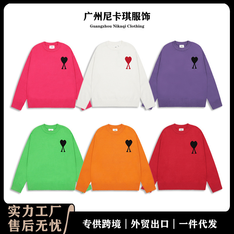 Ami Knitted Sweater Round Neck Small Heart Trendy Brand Female Couple Loose Sweater Top Long Sleeve 25 Years New Cross-Border Ami Knitted Sweater Round Neck Small Heart Trendy Brand Female Couple Loose Sweater Top Long Sleeve 25 Years New Cross-Border