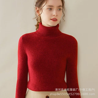外贸秋冬新翻领羊绒针织衫女抽条加厚毛衣显瘦百搭羊毛套头打底衫