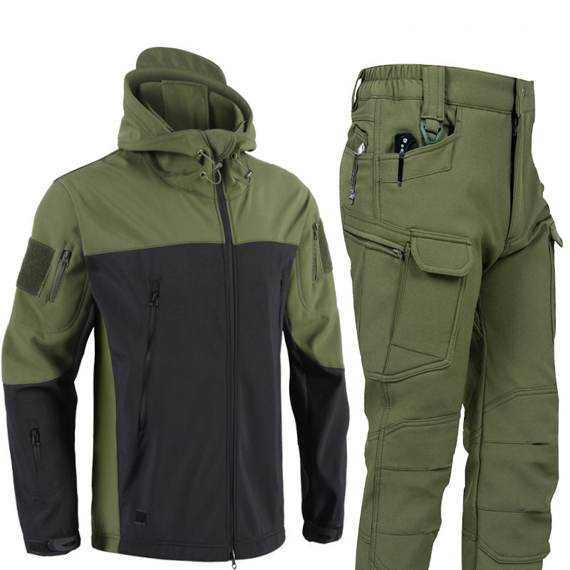 New two-piece sharkskin jacket and pants set with fleece lining, waterproof softshell jacket set